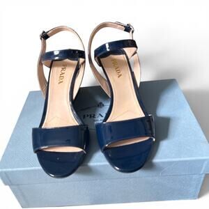 PRADA Navy Blue Patent Leather Logo Wedge Heel Sandals NWOT SZ 9 US  39.5EU